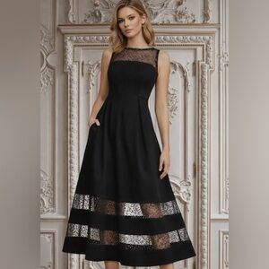 Aidan Mattox Black Illusion Mesh Midi Dress A-Line Cocktail Wedding Guest Size 4